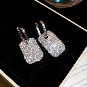Sparkling Pave Rectangle Hoop Earrings - Silver